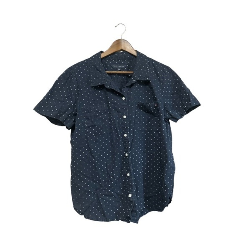 Tommy Hilfiger XL Boys Navy Blue‎ White Polka Dot Short Sleeve Button Up Shirt